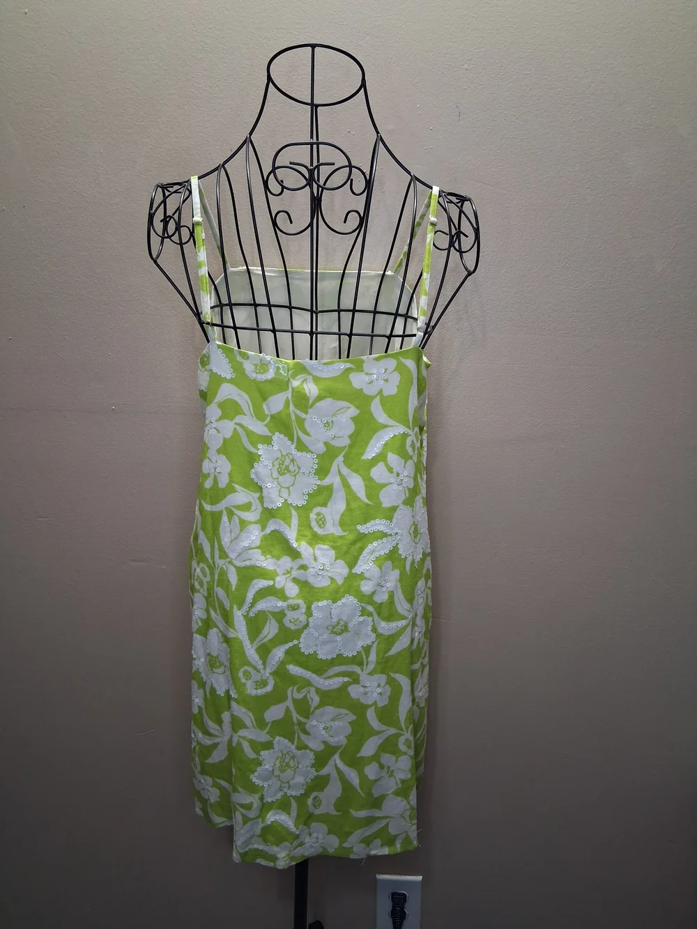 Flora Bea Floral Green Linen & Cotton Dress with Sequins NWT